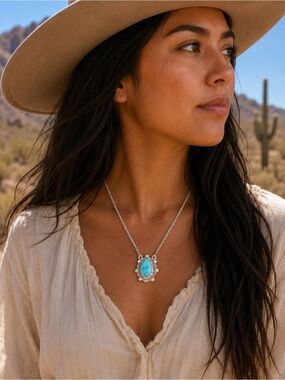 White Water Turquoise and 925 Sterling Silver Oval Pendant Necklace